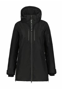 Schwarze wasserdichte Jacke mit Kapuze, vorderem Reißverschluss, zwei Brusttaschen und verstellbaren Bündchen. Hat eine subtile Textur und ein minimalistisches Design.