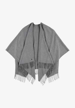 Șal gri dintr-un material moale, cu o formă triangulară, margini franjurate și o suprafață subtil texturată.