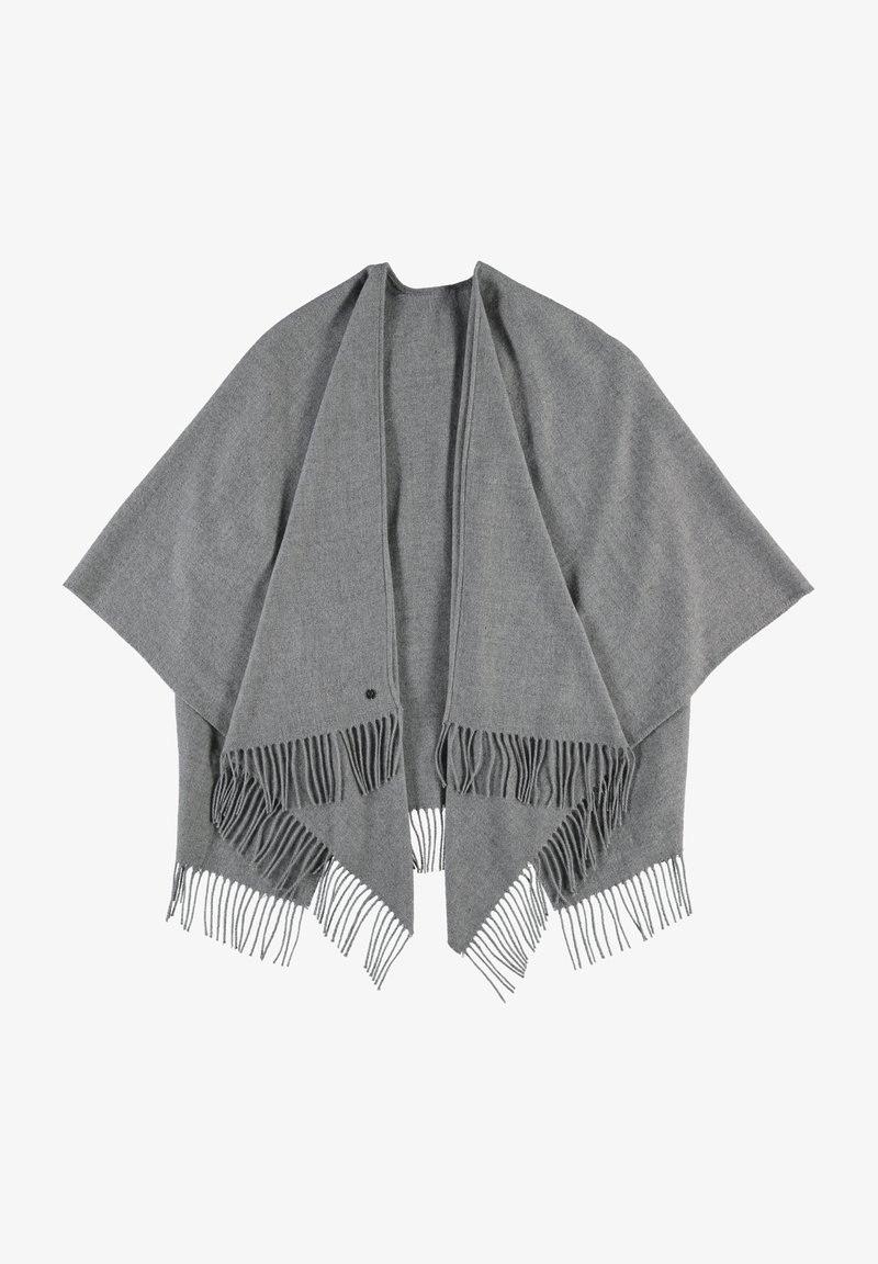 Șal gri dintr-un material moale, cu o formă triangulară, margini franjurate și o suprafață subtil texturată.