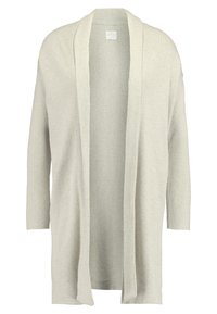 Lång öppen framsidan cardigan i ljusgrå ribbstickad tyg, med långa ärmar och en mjuk textur. Inga knäppningar eller fickor synliga.