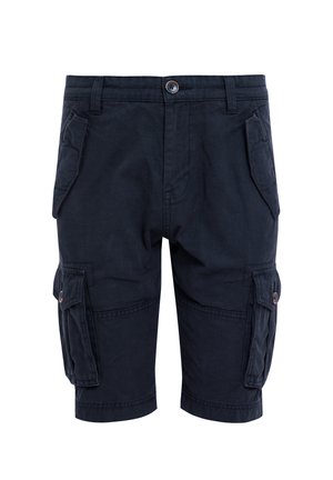 Pantaloni cargo navy con numerose tasche laterali, chiusura a bottone e dettagli cuciti. Realizzati in tessuto robusto per una maggiore durabilità.