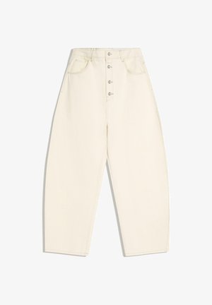 Pantaloni color crema a vita alta, a gamba larga, con chiusura frontale a bottoni e tasche laterali e posteriori su sfondo bianco.