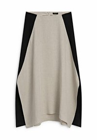 Linnen rok met een beige voorkant en zwarte zijkanten, met een relaxed fit en een ritssluiting aan de achterkant. Eenvoudig, strak ontwerp.