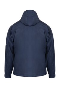 Giacca con cappuccio di colore blu navy, con polsini elastici e un tessuto liscio e impermeabile. Presenta un design semplice e minimalista. Vista posteriore mostrata.