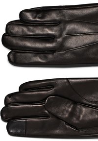 Svarta läderhandskar med slät yta, med fem fingrar och sömnadsdetaljer. Designen inkluderar en manschett med en lätt kurva.