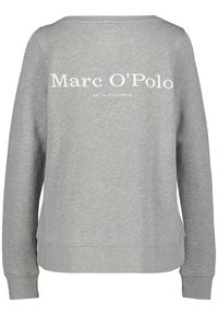 Grijze crewneck sweater gemaakt van een katoenmengsel, met een wit logo "Marc O’Polo" bedrukt op de achterkant. Geribbelde manchetten en zoom.