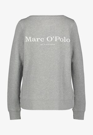 Felpa grigia girocollo in misto cotone, con logo bianco "Marc O'Polo" stampato sul retro. Polsini e orlo a coste.