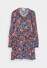 Květinové šaty v tmavě modré barvě s červenými, oranžovými a růžovými květy. Dlouhé rukávy, výstřih do V a nařasený pas. Lehký materiál.