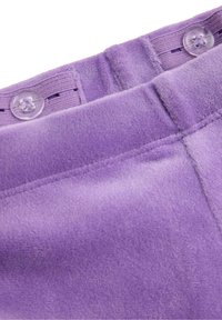 Purple, soft fabric pant with a flat waistband. Visible button and elasticated area for size adjustment. Smooth texture and clean seams.