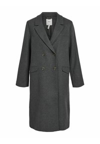 Διπλή γκρίζα μάλλινη καμπαρντίνα με υφή, με κοπίδια, δύο μπροστινές τσέπες και χρυσές κουμπώστρες. Μακριά μανίκια, σχεδίαση μέχρι το γόνατο.