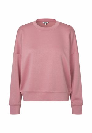Lyserød langærmet crewneck-sweatshirt med ribstrikkede manchetter og kant, vist på en helt hvid baggrund.