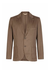 Brauner Blazer aus glattem Stoff, mit Reverskragen, zwei Knöpfen, zwei Vorder- und einer Brusttasche. Minimalistisches Design.