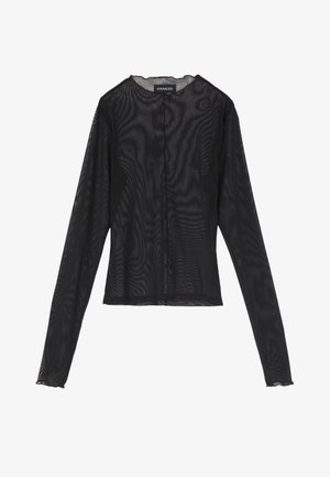 Black long-sleeve top made of sheer fabric, featuring a round neckline, front button closure, and scalloped edges at the cuffs.