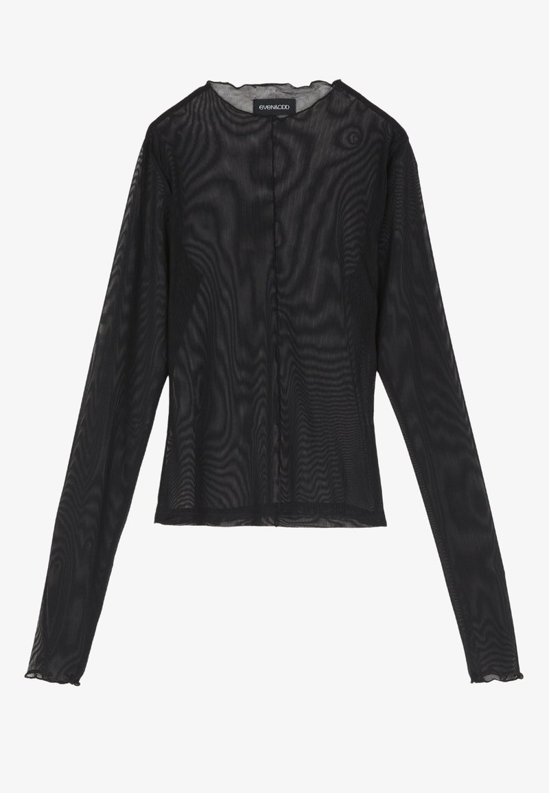 Czarna bluzka z długim rękawem, wykonana z przezroczystego materiału, z okrągłym dekoltem, zapięciem na guziki z przodu oraz falbAniastymi brzegami rękawów.