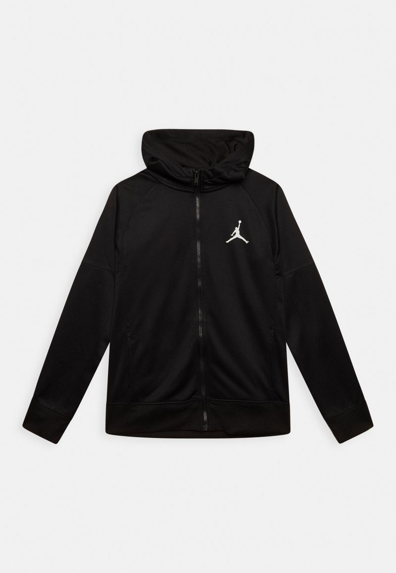 Veste noire à capuche avec fermeture éclair, manches longues et logo Jumpman blanc sur la poitrine gauche, présentée sur un fond blanc uni.