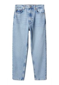 Jean en denim bleu clair coupe droite, cinq poches, fermeture par boutons et passants pour ceinture.