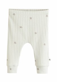 Lysegrå rillede bukser til småbørn med små brune stjerner; elastisk talje og ribkanten i bunden; blødt bomuldsblandingsstof.