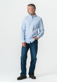 Vīrietis ar pelēkiem matiem un bārdu, ģērbies gaiši zilā svītrainā krekla, tumši zilās džinsu biksēs un tumši brūnās kurpēs, stāv ar roku kabatā.