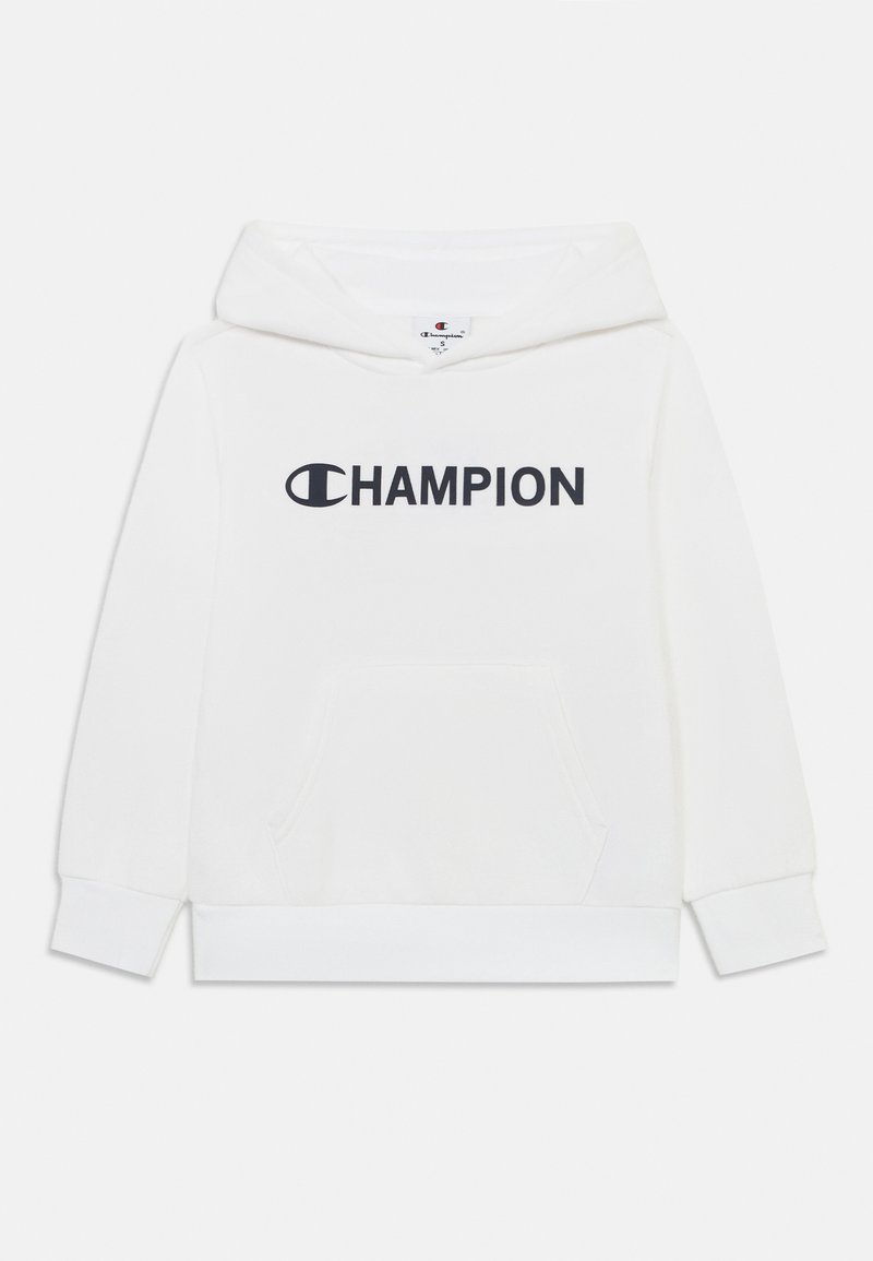 Sudadera blanca con capucha que incluye un bolsillo frontal, puños y dobladillo acanalados. Logo negro de "CHAMPION" impreso en el pecho. Acabado textil suave.