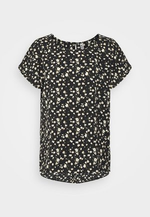 Zwarte blouse met korte mouwen, kleine witte en beige bloemenprint, ronde halslijn en licht gebogen zoom.