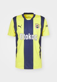 Gelb und marine gestreiftes Fußballtrikot mit kurzen Ärmeln, Rundhalsausschnitt, Puma-Logo, "Otokoc"-Text und Fenerbahçe-Sportemblem.