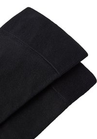 Pair of black knit socks folded to show ribbed cuffs and smooth foot section on a white background.
