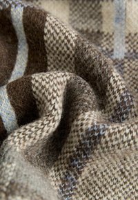 Bruin en beige gestreepte geweven stof met een zachte, textuurachtige oppervlakte, die fijne blauwe strepen bevat en een warme, gezellige uitstraling creëert.