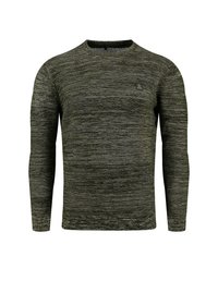 Suéter de manga larga verde oscuro con un patrón texturizado y jaspeado, y una pequeña etiqueta con logo en el pecho. Diseño clásico de cuello redondo.