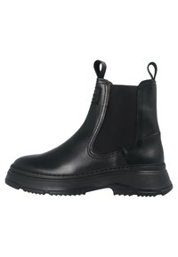 Botas de tobillo de cuero negro con paneles laterales elásticos, puntera redonda, tiradores y suela de goma texturizada para agarre y comodidad.