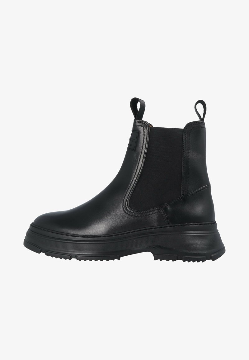 Black leather ankle boots with elastic side panels, rounded toe, pull tabs, and textured rubber sole for grip and comfort.
