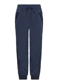 Marinblå lätta joggerbyxor med elastisk midja, dragsko, sidofickor med dragkedja och ribbade muddar. Slät textur och atletisk design.