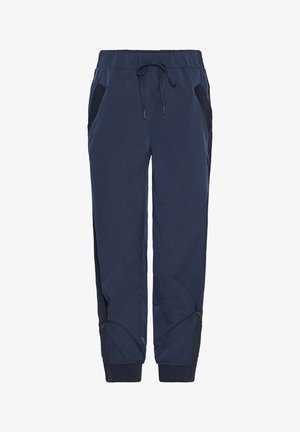 Pantalones jogger ligeros de color azul marino con cintura elástica, cordón ajustable, bolsillos laterales con cremallera y puños acanalados. Textura suave y diseño atlético.