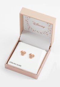 Boucles d'oreilles en argent sterling en forme de tête de Mickey Mouse, avec des accents en or rose et des cristaux clairs brillants. Livrées dans une boîte avec le logo Disney.