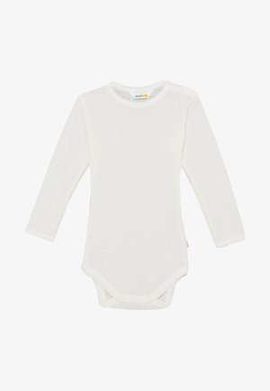 Dugi rukav bijeli bodi od mekanog materijala. Ima okrugli izrez, dugmad sa snap sistemom na ramenima i snap zatvaranje na dnu.