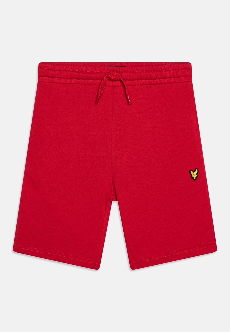 Shorts en coton rouge avec une taille élastique et un cordon de serrage. Présente un petit logo de papillon jaune au-dessus de l'ourlet sur la jambe gauche.