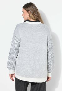 Maglione grigio lavorato a maglia con texture a coste e maniche decorate. Presenta un collo rotondo e polsini e orlo bianchi. Visuale da dietro.