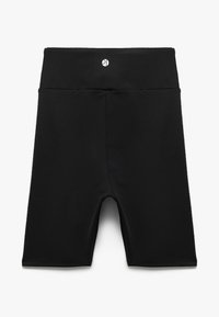 Shorts atletici neri con una texture di tessuto liscia, caratterizzati da una vita alta e un piccolo logo sulla parte posteriore, progettati per comfort e mobilità.