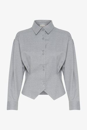 Blusa gris con cuello, mangas largas tipo globo, cierre de botones, tela texturizada y una silueta ajustada que presenta un dobladillo puntiagudo único.