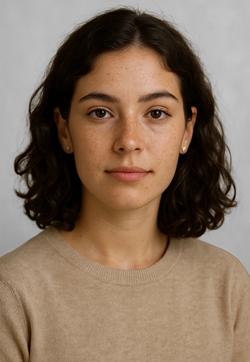 Portrait d'une personne avec des cheveux bruns bouclés, portant un pull léger beige et de petites boucles d'oreilles triangulaires en or, fond neutre.