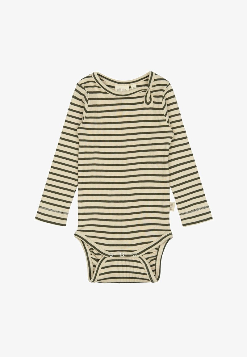 Kreminė ilgos rankovės kūno kostiumas su tamsiai žaliomis ir šviesiai rudos juostelėmis. Raukšlėta tekstūra, apvalus iškirpimas ir spaudžiami užsegimai apačioje.