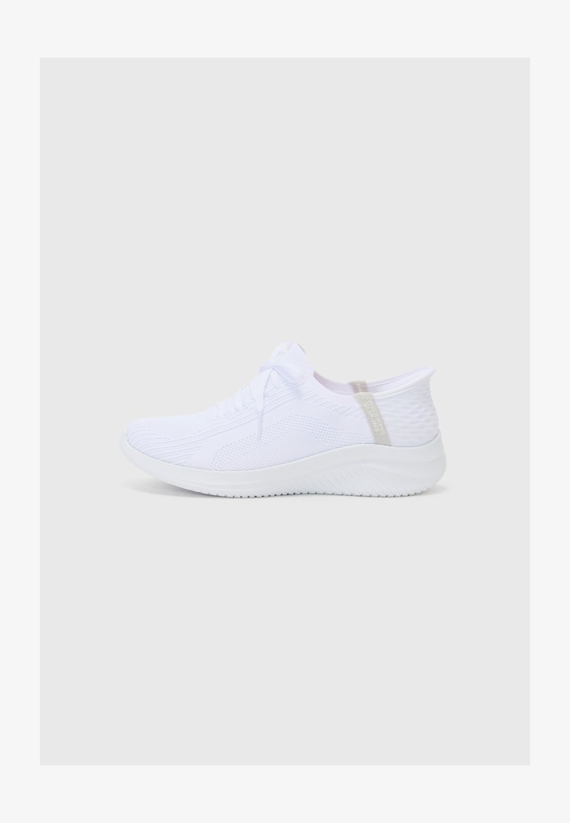 White athletic shoe with a breathable knit upper, textured accents, and a cushioned sole. Includes laces and a padded ankle collar.