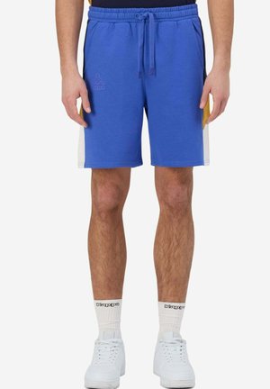 Pantaloni sportivi blu realizzati in misto cotone con elastico in vita, cordoncino regolabile, tasche laterali e pannelli a contrasto gialli e bianchi.