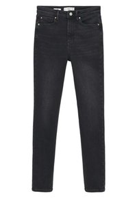 Jeans ajustados de denim oscuro con una textura suave. Las características incluyen un bolsillo frontal, remaches de cobre y un cierre de botón.