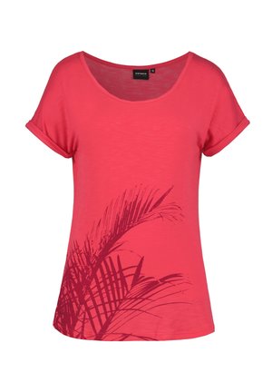 Red short-sleeve women’s T-shirt with rolled cuffs and dark red palm leaf print on the lower front left side.