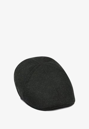 Donkergrijze flat cap met een subtiel visgraatpatroon, een ronde kroon en een gestikte paneelconstructie.