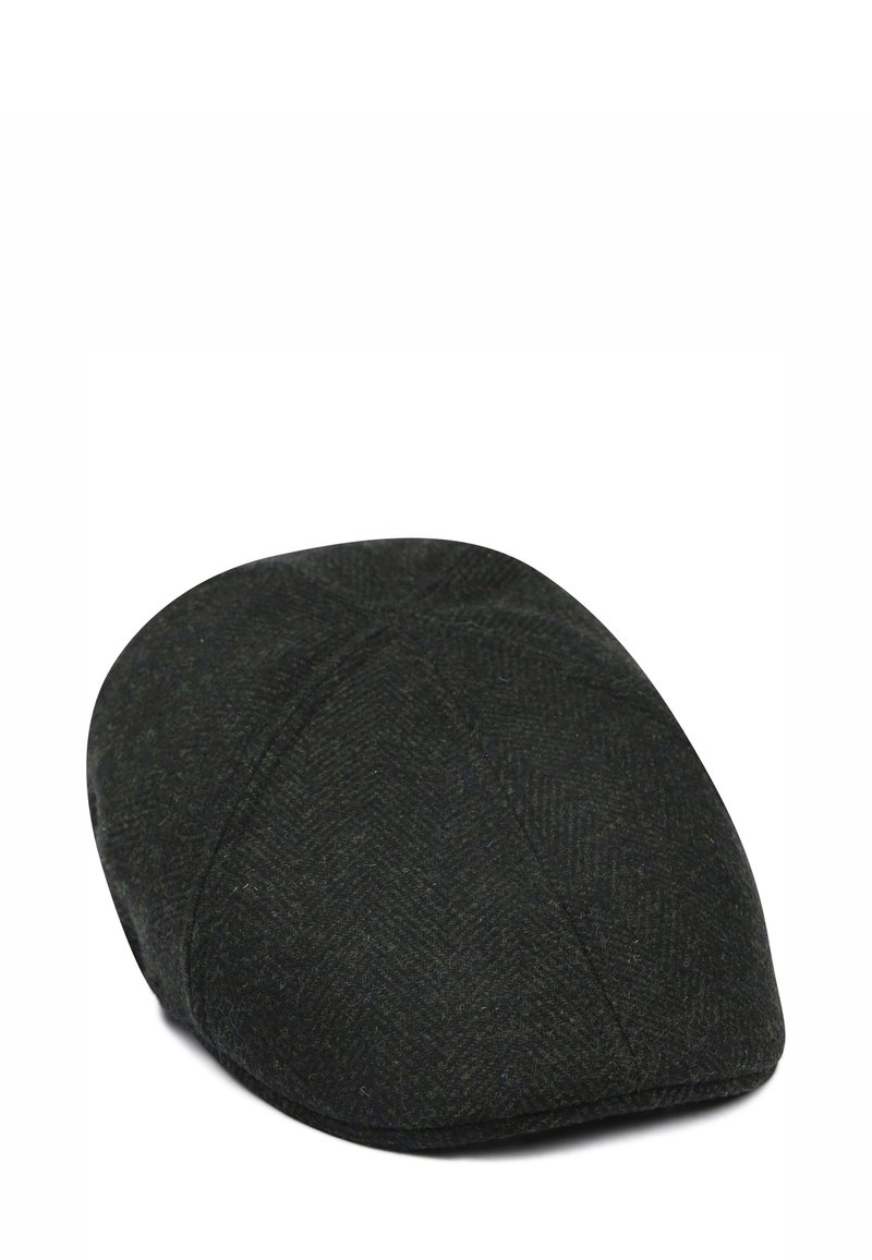 Dark gray flat cap with a subtle herringbone pattern, rounded crown, and stitched panel construction.