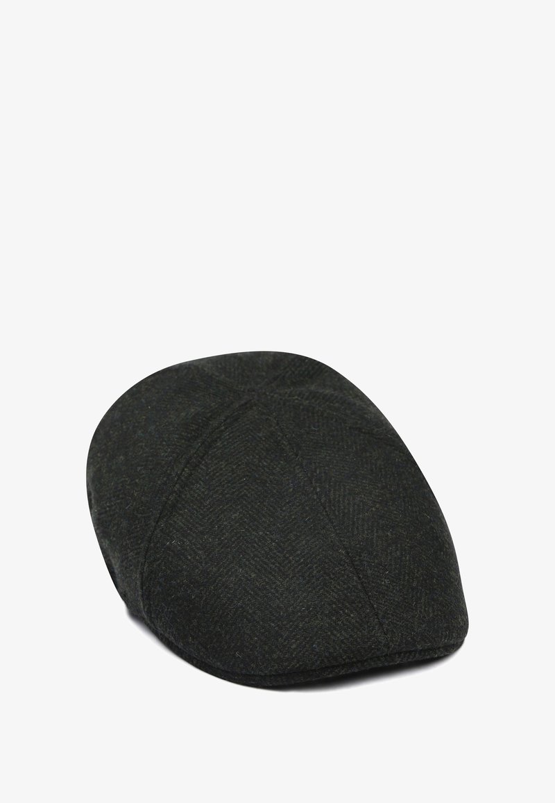 Dark gray flat cap with a subtle herringbone pattern, rounded crown, and stitched panel construction.