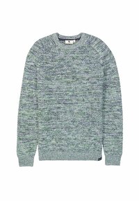 Langsleeve gebreide trui met een gemengde mix van groene, blauwe en grijze draad, voorzien van geribde boorden, zoom en ronde halslijn.