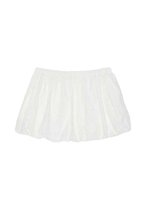 Weißer Rock mit elastischem Bund, subtiler Lochblumenstickerei und einem gerafften, leicht ausgestellten Design.