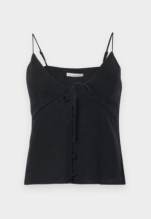 Μαύρο αμάνικο τοπ με λεπτές ρυθμιζόμενες τιράντες, δετό μπροστά και διακοσμητικά κουμπιά από την Abercrombie & Fitch.